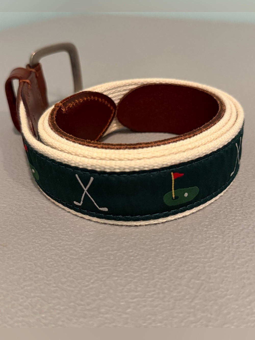 J.CREW Men's Golf Themed Belt Cotton & Leather Sz 40 Green Brown Leather/Cotton